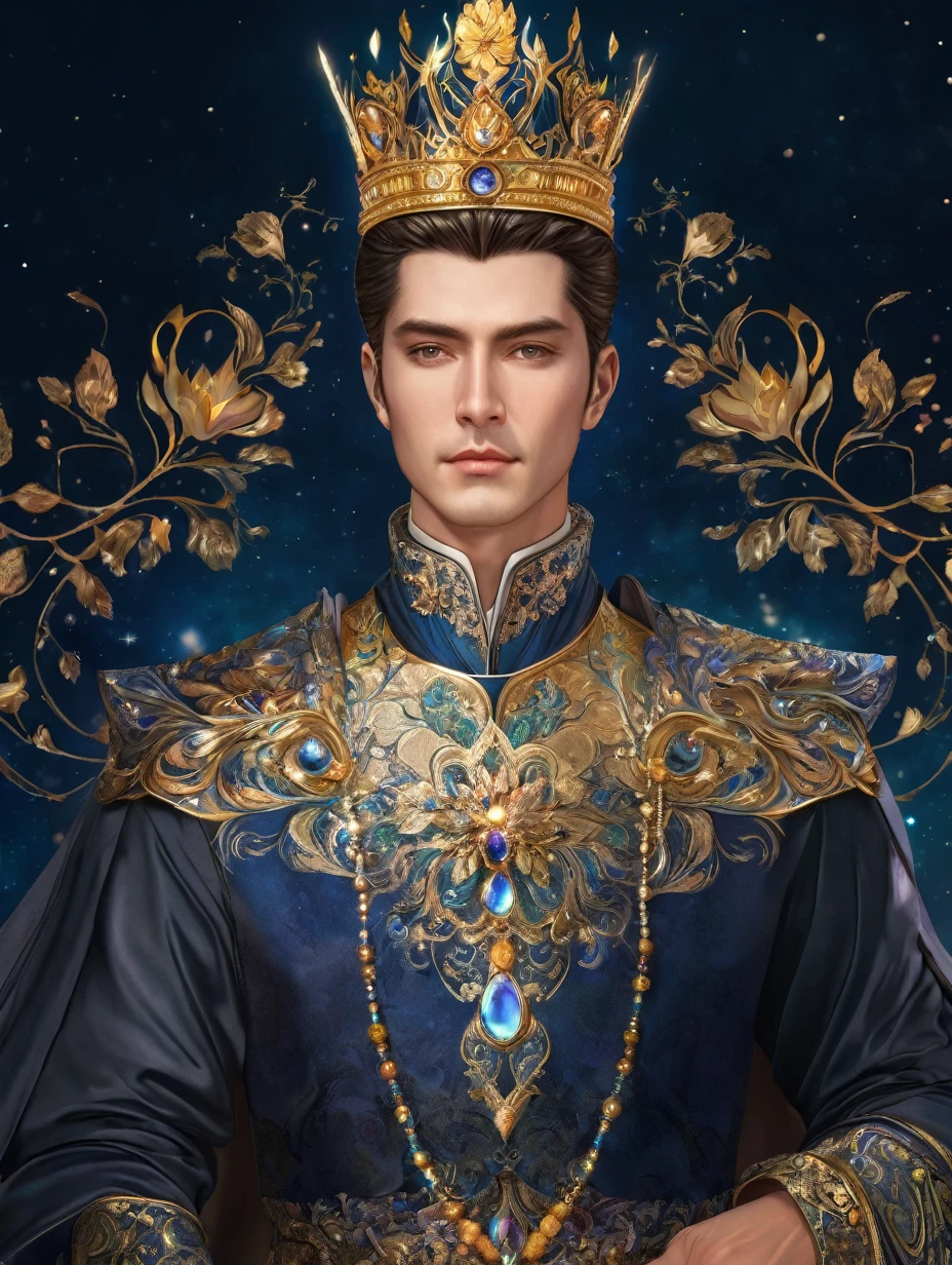 a close up of a man in a ornate dress with crown, trending on cg society, fantasy art, ((a handsome fantasy emperor)), short hair, a beautiful fantasy emperor, anime god, gilded lotus prince, 8k high quality detailed art, portrait fine art, beautiful and elegant king, beautiful celestial mage, flowers, lavish.