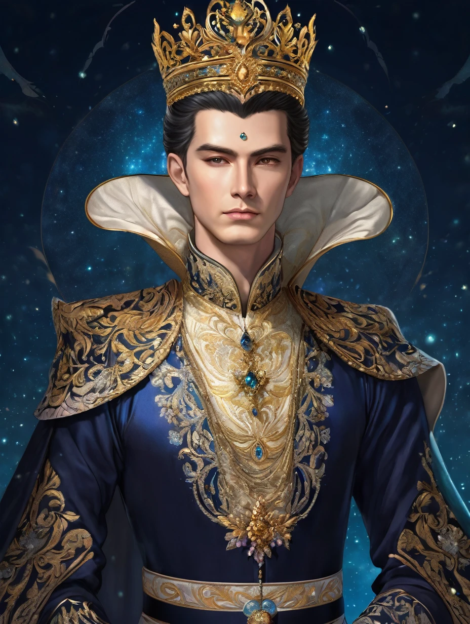 a close up of a man in a ornate dress with crown, trending on cg society, fantasy art, ((a handsome fantasy emperor)), short hair, a beautiful fantasy emperor, anime god, gilded lotus prince, 8k high quality detailed art, portrait fine art, beautiful and elegant king, beautiful celestial mage, flowers, lavish.