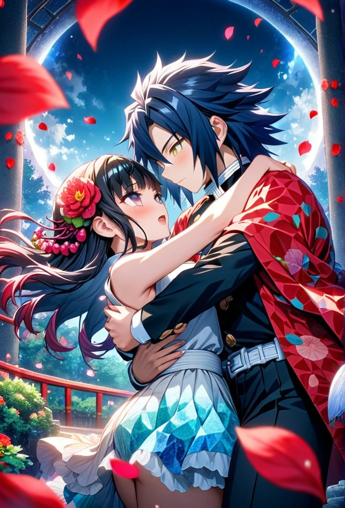 Ultra detailed, highres, absurdres, HDR, master piece, anime girl, pretty woman with white long hair with red streaks, girl with yellow eyes, girl with red haori, black demon slayer uniform, Kimetsu No Yaiba, fantasy, petals, red flowers, pretty, Tomioka Giyu, Water Hashira using Tomioka Giyu haori, huging, romance, magic, moon, best quality, extremely detailed face, love, passion, romance, anime, they are realy in love, love hug