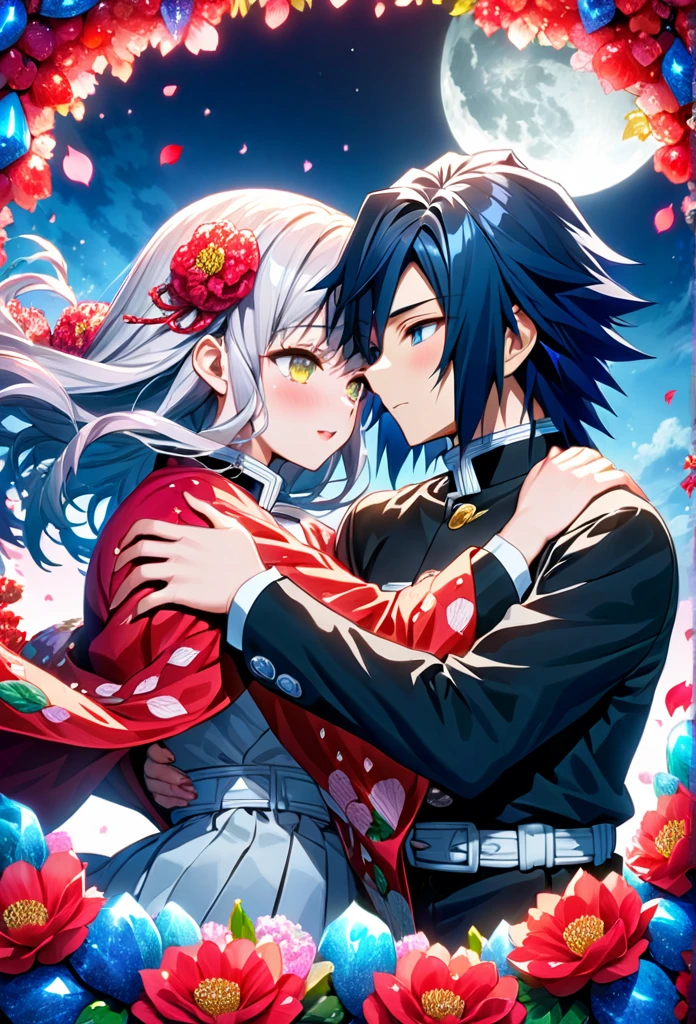 Ultra detailed, highres, absurdres, HDR, master piece, anime girl, pretty woman with white long hair with red streaks, girl with yellow eyes, girl with red haori, black demon slayer uniform, Kimetsu No Yaiba, fantasy, petals, red flowers, pretty, Tomioka Giyu, Water Hashira using Tomioka Giyu haori, huging, romance, magic, moon, best quality, extremely detailed face, love, passion, romance, anime, they are realy in love, love hug
