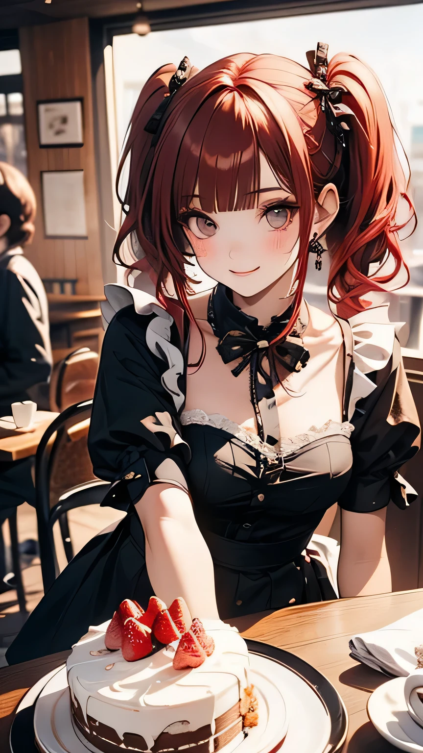 ((masterpiece,Highest quality)),The place is a coffee shop,One girl,Beautiful attention to detail, Detailed face, The waitress is bringing the cake to the table, Red hair twin tails, Kind Face, A strawberry-inspired half-gothic ta and half-maid costume, White-based clothing,