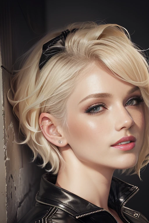 blond woman, (((Kelly Von East))), with a black leather jacket and a black bow, short blonde hair, blonde short hair, short blond hair, short wavy blond hair, blond bob haircut, girl with short white hair, short curly blonde haired girl, short hair style, blonde and attractive features, bleached blonde short hair, platinum blonde hair, medium short hair, wavy short hair, short hair