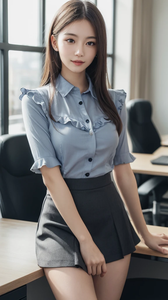 (1girl), (round eyes:1.2), (highly detailed face and eyes), smile, Amazing face and eyes, (frills shirt:1.3), (Best Quality:1.4), (Ultra-detailed), (extremely detailed CG unified 8k wallpaper), Highly detailed, High-definition raw color photos, Professional Photography, Realistic portrait, Amazing face and eyes, indoors, office, (office lady, casual, No sleeve, mini Skirt:1.3), (A moment of relaxation), model, depth of fields, (fine face:1.2),