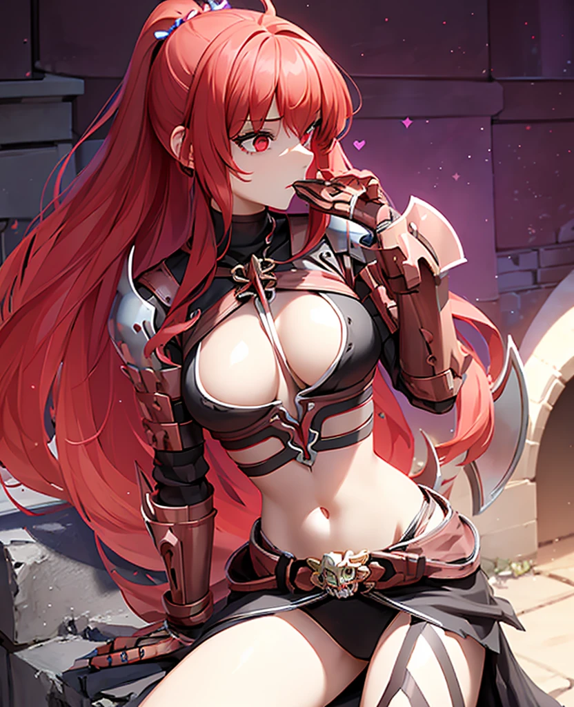 score_9, score_8_up, score_7_up, score_6_up, score_5_up, score_4_up, source_アニメ, tomboy girl, long hair, Bust Cup B , open-chest outfit, Abdominal revealing outfit, narrow waist, fit, Beautiful belly, Guillotine Cross Set, breastplate, waist armor, Armor, red hair, metal hair accessories, red eyes, Sparkling eyes, sit, taking medicine,  His right hand holds a vial of Potions. , Drink Potions Glass Bottle Skull Shaped Clear Glass Crystal Potions Clear Red, light particles, Magical light