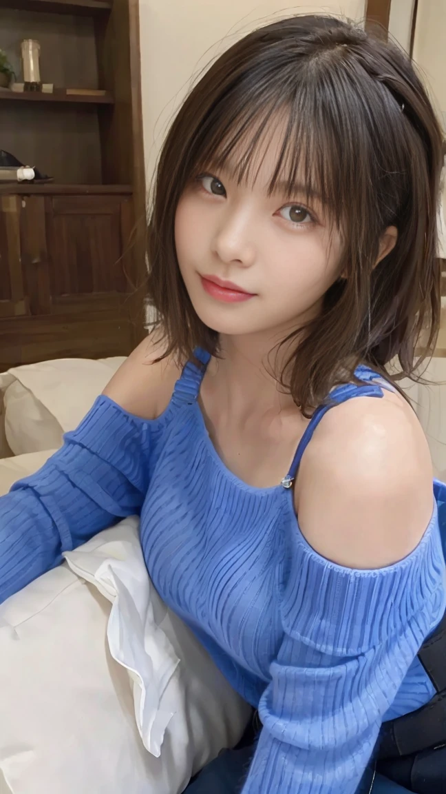 ,(tareme:1.4),(cute face),huge breasts,(beautiful japanese idol),light makeup,happy,straight hair,tongue,sweaty,look at viewer,off-the -shoulder sweater,shiny skin,cleavage,fellatio gesture,