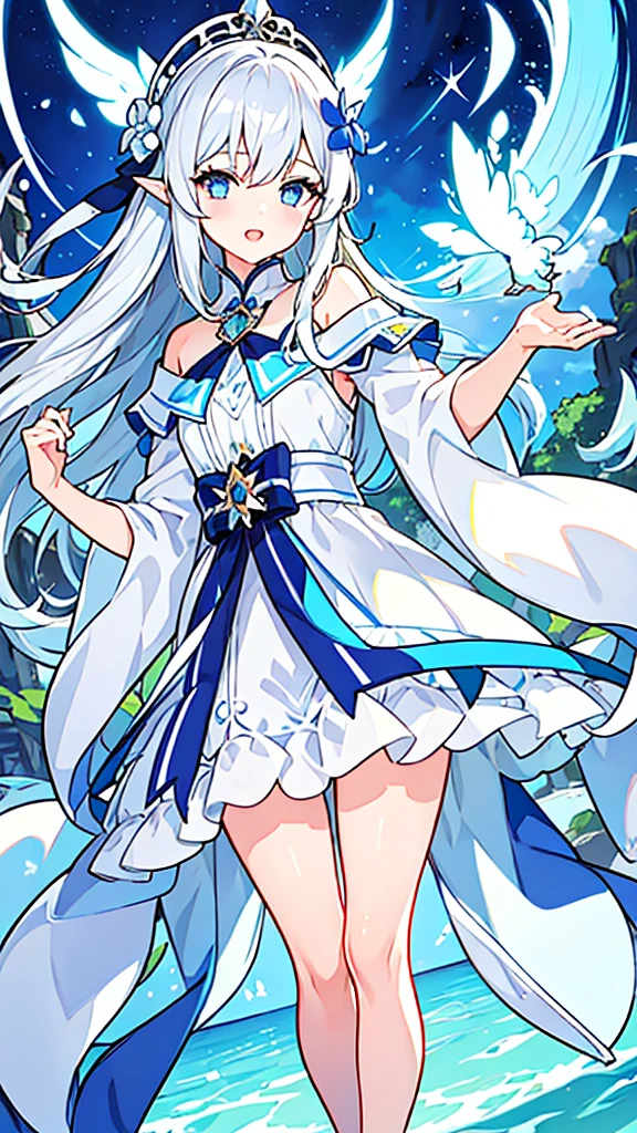 0(Ultra extreme detailed),(Masterpiece),(Ultra extreme),(Realistic),CG,An illustration,novel iAn illustration,One girl, White Cal,Sky Hair,blue eyes,hair ornaments,White Dress,mini skirt,No sleeve,Removable sleeves,heart,Thigh straps,Blue knee socks,can,White skin,