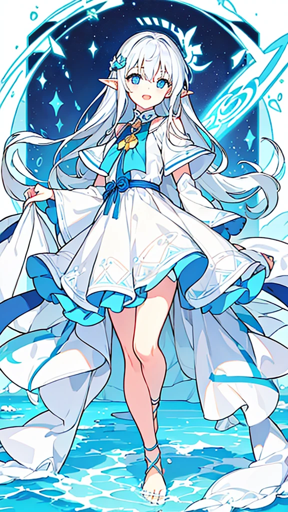 
((Highest quality)), ((masterpiece)), (detailed), One girl, The background is nature、The weather was sunny.、Silver hair straight long hair、Half Up、Parallel thin eyebrows、Double droopy eyes、Thin lips、Small nose、Blue Eyes、Long eyelashes、Delicate appearance、Illustration seen from the front、A big smile with an open mouth、White dress、Fantastic illustrations、Highlights are 7 colors、The light is on my face、Illustration of eyes matching the viewer、Elf、For delivery、Character portrait、whole body、Illustration of toes、