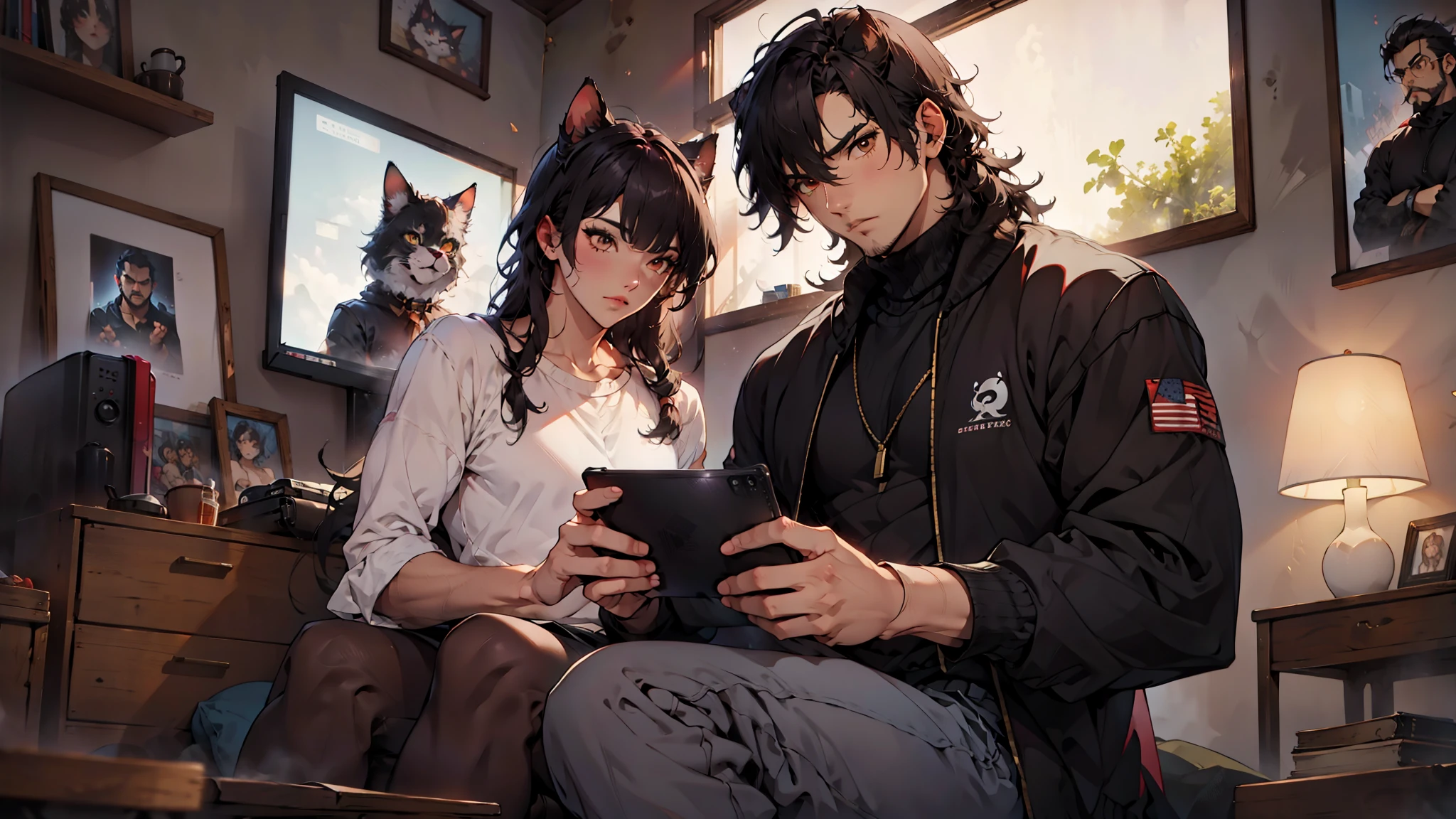 (Junkotvv a girl con orejas de gato) and (neocruz a boy con barba y sin orejas de gato), playing video games together in a room full of 80s style anime and posters in neon tones with video game controllers in their hands and enjoying