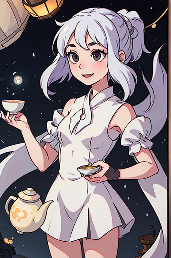 1girl, ghost girl, silver hair, white eyes, white skin, smile, long hair, flies, levitates in the air, white sheet, white cape, ghost, ghostly, translucent, holds a lantern, japanese lantern, holds a cup, tea, glass cup, glass teapot, tea, night, the moon, objects are flying