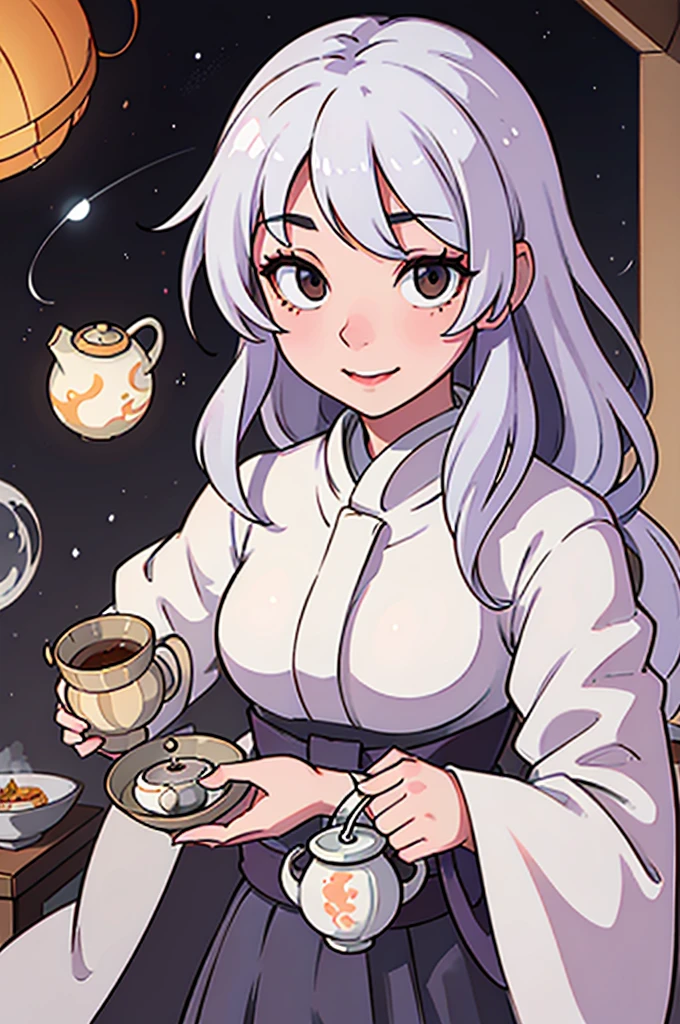 1girl, ghost girl, silver hair, white eyes, white skin, smile, long hair, flies, levitates in the air, white sheet, white cape, ghost, ghostly, translucent, holds a lantern, japanese lantern, holds a cup, tea, glass cup, glass teapot, tea, night, the moon, objects are flying