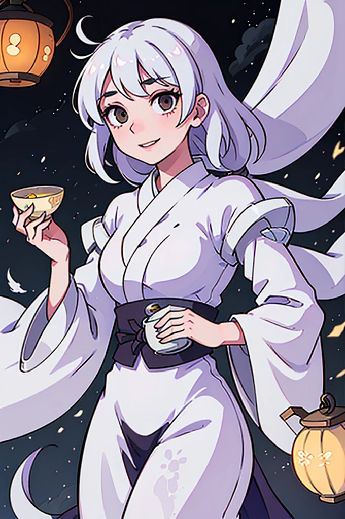 1girl, ghost girl, silver hair, white eyes, white skin, smile, long hair, flies, levitates in the air, white sheet, white cape, ghost, ghostly, translucent, holds a lantern, japanese lantern, holds a cup, tea, glass cup, glass teapot, tea, night, the moon, objects are flying