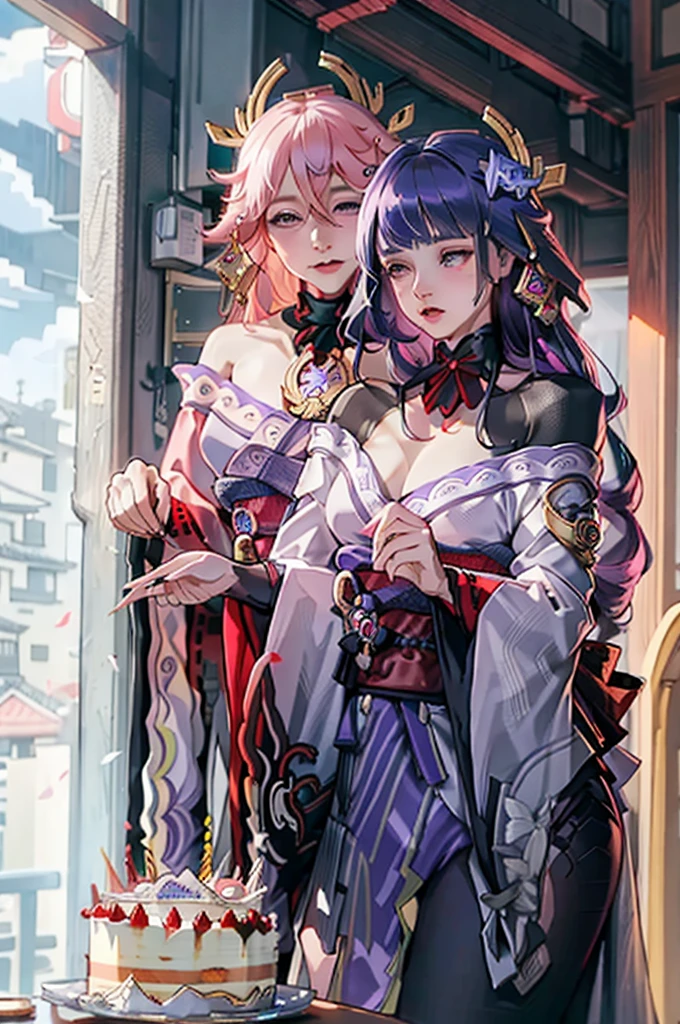 masterpiece, best quality,multiple girls, breasts, 2girls, yae miko, raiden shogun, purple eyes, pink hair, japanese clothes, purple hair, large breasts, long hair, cleavage, hair ornament, thighs, purple kimono, thighhighs, bangs, animal ears, detached sleeves, fox ears, wide sleeves, kimono, moon, weapon, braid,(kbxll:0.8)