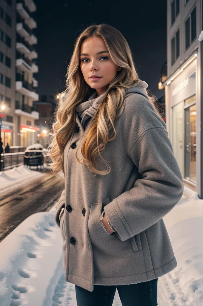 professional portrait photograph of a gorgeous Norwegian girl in winter clothing with long wavy blonde hair, sultry flirty look, gorgeous symmetrical face, cute natural makeup, wearing elegant warm winter fashion clothing, ((standing outside in snowy city street)), stunning modern urban environment, ultra realistic, concept art, elegant, highly detailed, intricate, sharp focus, depth of field, f/1. 8, 85mm, medium shot, mid shot, (((professionally color graded))), bright soft diffused light, (volumetric fog), trending on instagram, hdr 4k, 8k