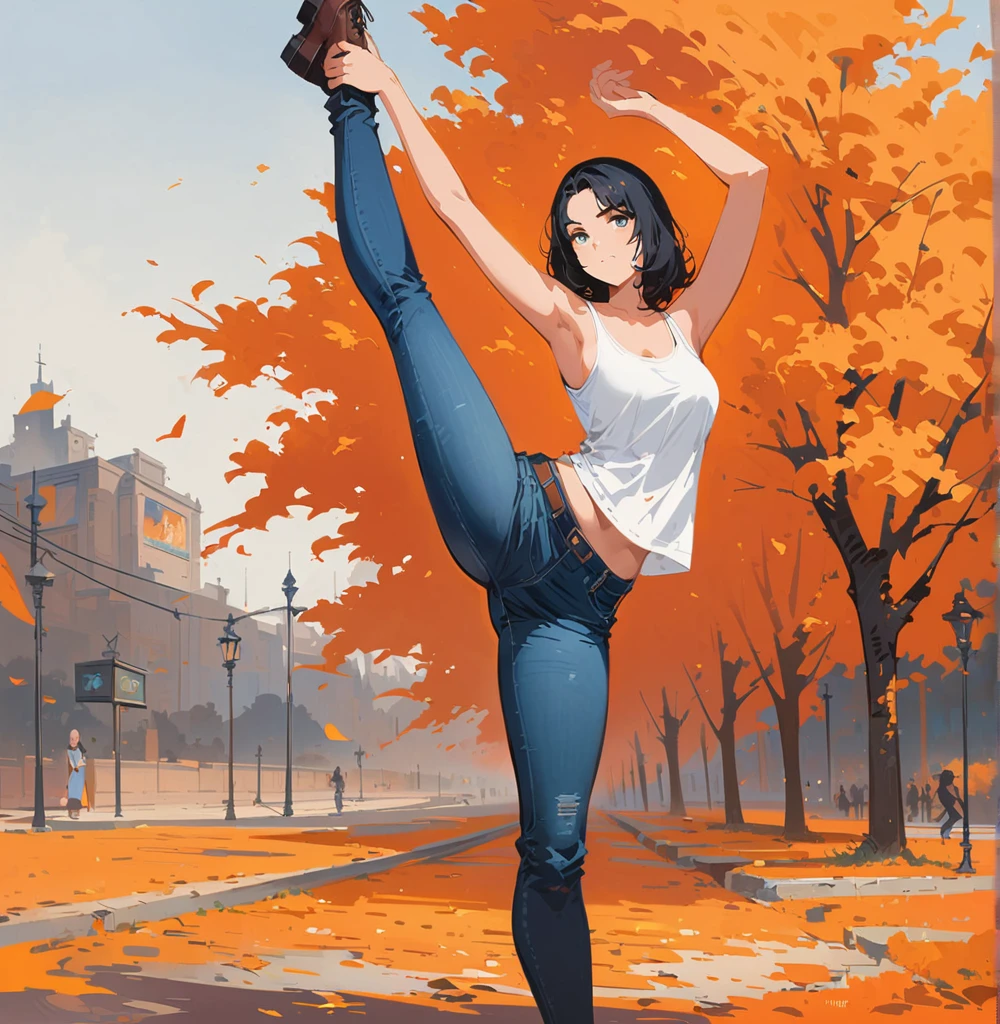 close, Beautiful woman in samdo art style, In a park covered with orange leaves , alone,Are standing_Split, Jeremy Mann, By Sandra Chevrier, Dave McCain、Richard Avedon、Maciej Cuchala, White tank top and jeans, High resolution, 8K