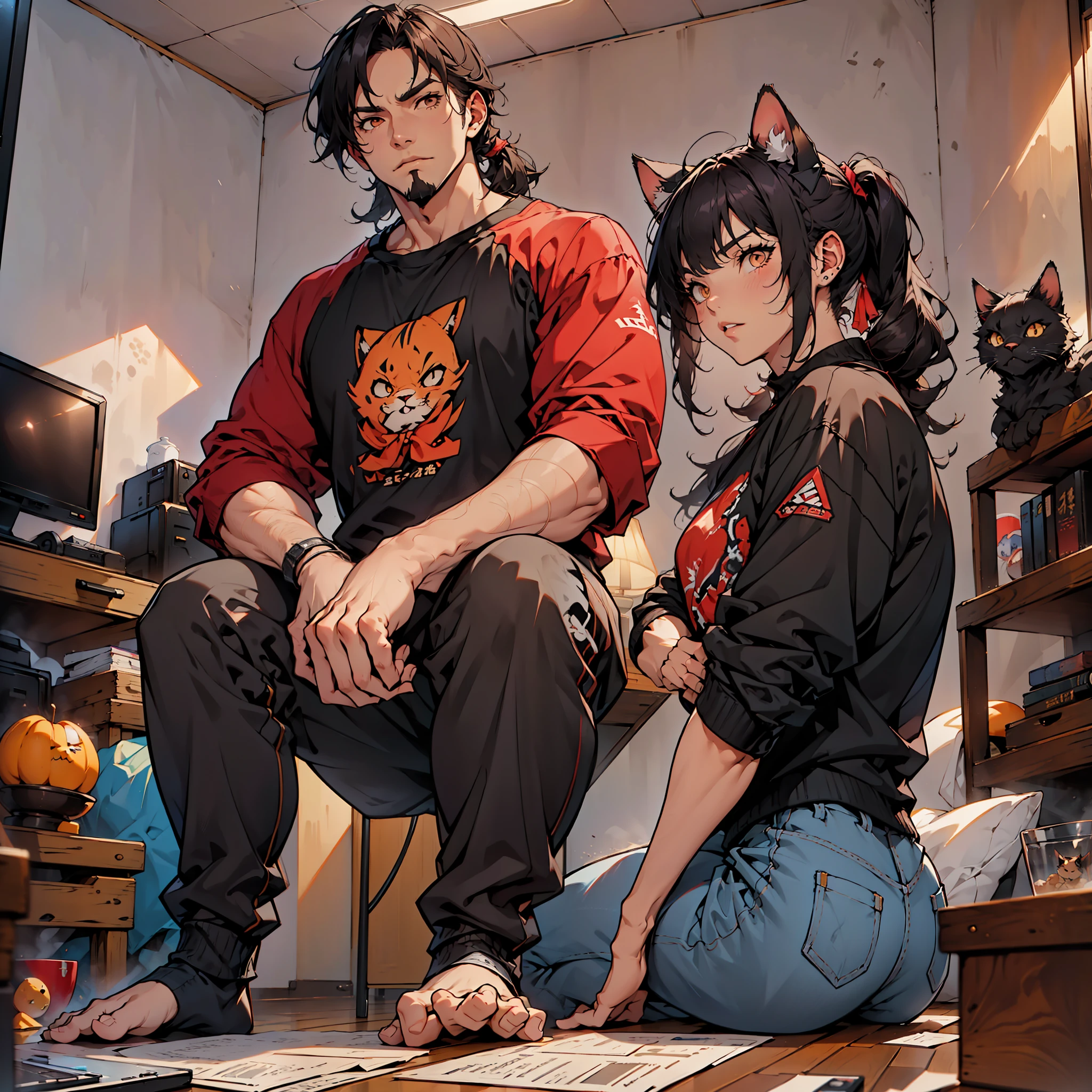 (Junkotvv a girl con orejas de gato) and (neocruz a boy con barba y sin orejas de gato), playing video games together in a room full of 80s style anime and posters in neon tones with video game controllers in their hands and enjoying