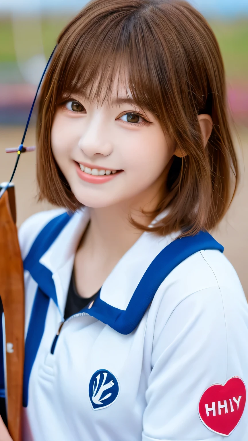 closeup shot , Best picture quality (8K, high resolution, Masterpiece: 1.2), super detailed, 215 Short Hair, -yeld wo,
Archery player、game
, random cute pose ,big eyes ,Puffy eyes , Heart Pupil, blush , huge shy smile , salute