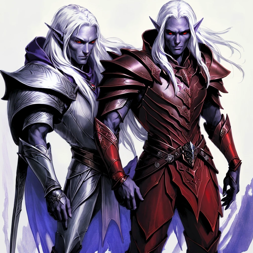 drow, male, male focus, pointy ears, red eyes, armor, elf, white hair, shoulder armor, closed mouth, long hair, pauldrons, purple skin, full body, holding a bow