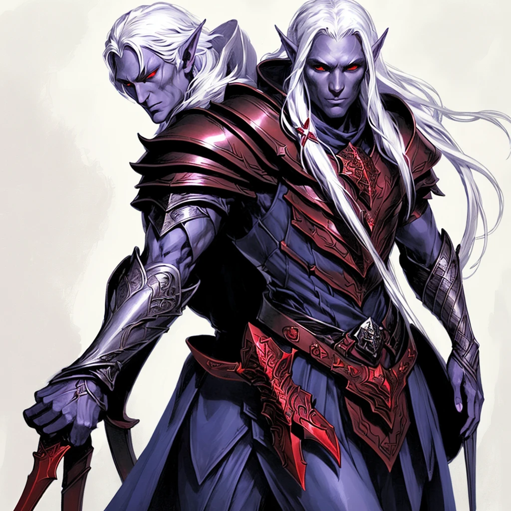 drow, male, male focus, pointy ears, red eyes, armor, elf, white hair, shoulder armor, closed mouth, long hair, pauldrons, purple skin, full body, holding a bow