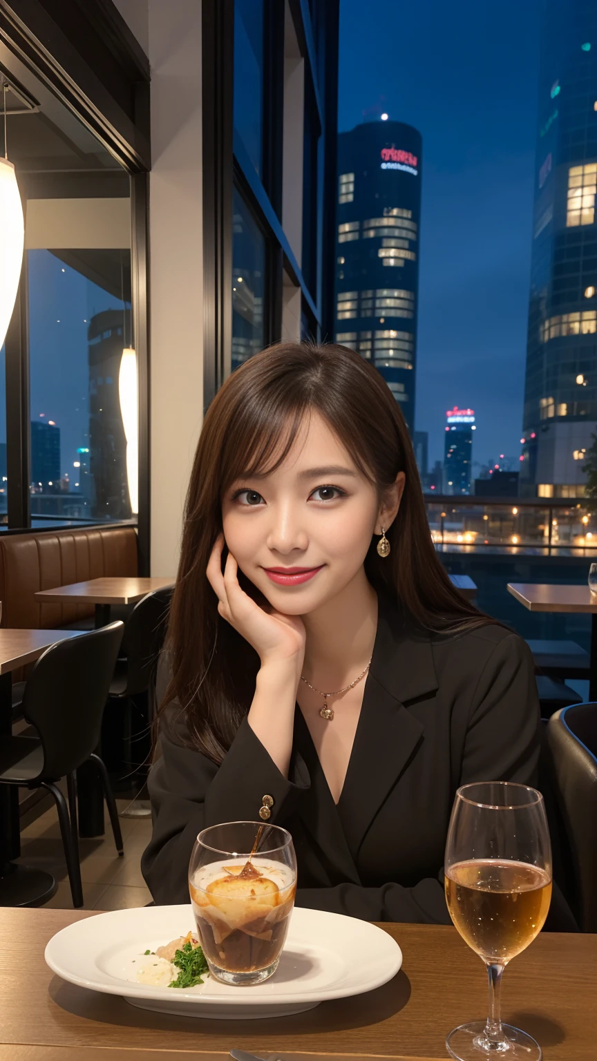 highest quality, masterpiece, 8K, ultra high resolution, (realistic: 1.4), beautiful face, symmetrical eyes, Japanese, brown hair, smile, wearing makeup, high-definition images, atmospheric perspective, super detail, accurate, best quality, (angle from under the table), a Japanese lady, drooping eyes, sleepy face, blush, in the city, busy, skyscrapers, skirt, high heels, necklace, white blouse , restaurant with large windows, takes a seat, (other customers), night scene, windows have harbor view, foods, romantic dinner 
