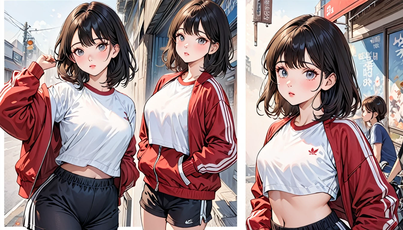 (Realistic painting style:1.0), Masterpiece, Best quality, absurderes, comic strip, illustration,
1 girl, Medium hair, Cute girl, young and cute girl, Korean girl, {Breasts}, Width 17, 
A girl in a white shirt and black shorts, Wearing track suit, croptop, trending on r/Street attire, She is seen wearing streetwear pieces, Wearing track suit, Sportswear,