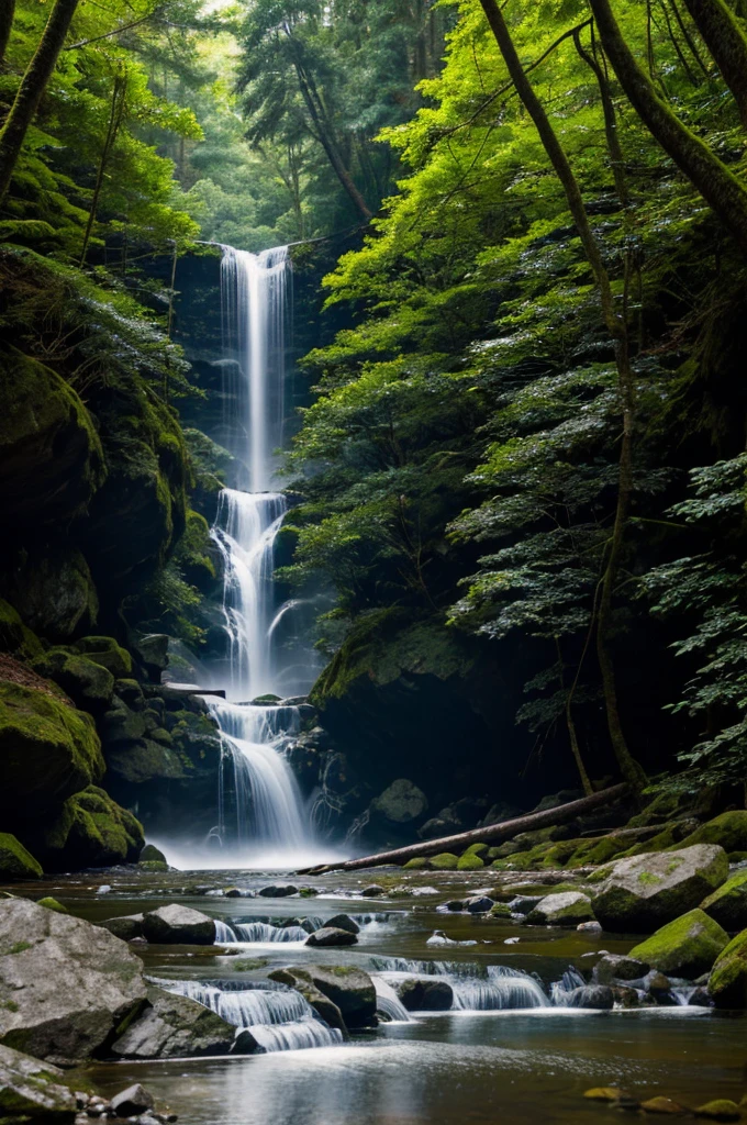 . In a forest area, you see a sight of a waterfall that cools the eyes. On the left and right of the waterfall there are large rocks and tall trees. Capture the situation in close-up with an emphasis on form, interweaving and space.