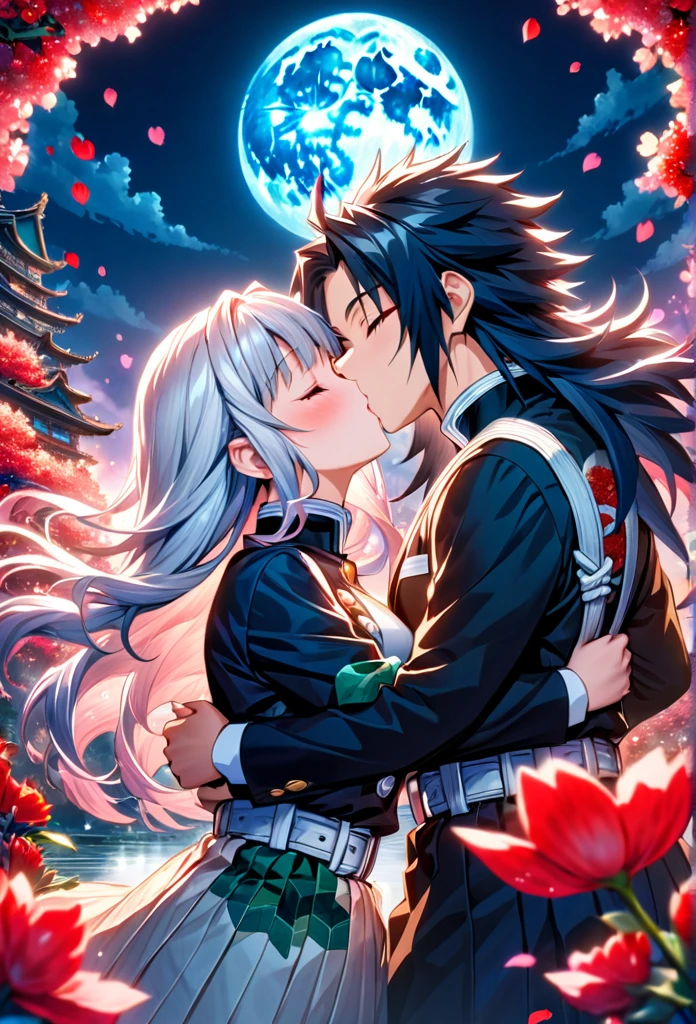 Ultra detailed, highres, absurdres, HDR, master piece, anime girl, pretty woman with white long hair with red streaks, eyes closed, black demon slayer uniform, Kimetsu No Yaiba, fantasy, petals, red flowers, pretty, Tomioka Giyu, Water Hashira, kiss, romance, magic, moon, best quality, extremely detailed face, love, they are kissing with closed eyes, romance, anime, they are realy in love