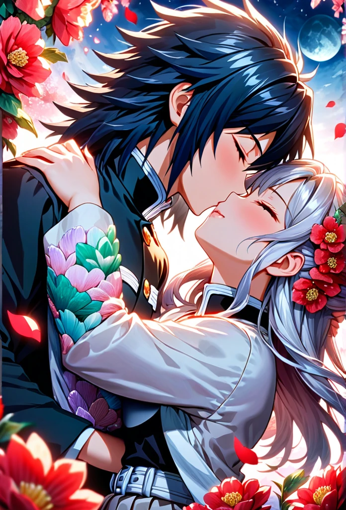 Ultra detailed, highres, absurdres, HDR, master piece, anime girl, pretty woman with white long hair with red streaks, eyes closed, black demon slayer uniform, Kimetsu No Yaiba, fantasy, petals, red flowers, pretty, Tomioka Giyu, Water Hashira, kiss, romance, magic, moon, best quality, extremely detailed face, love, they are kissing with closed eyes, romance, anime, they are realy in love