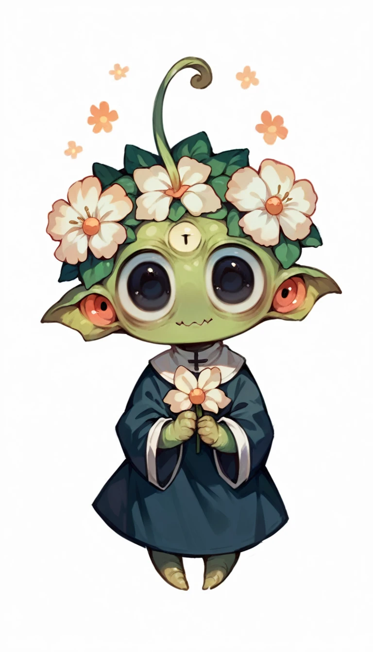 (Cute flower monster:1.5), (Cestrum nocturnum in her head:1.2), big eyes, full black eyes, cleric outfit