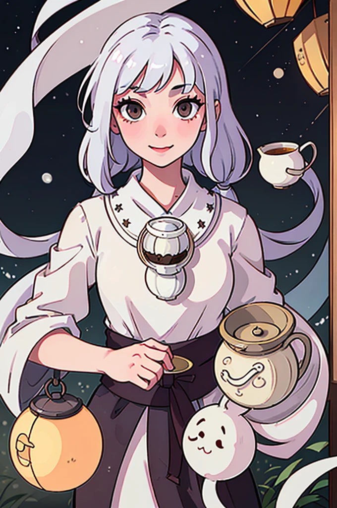 1girl, ghost girl, silver hair, white eyes, white skin, smile, long hair, flies, levitates in the air, white sheet, white cape, ghost, ghostly, translucent, holds a lantern, japanese lantern, holds a cup, tea, glass cup, glass teapot, tea, night, the moon, objects are flying