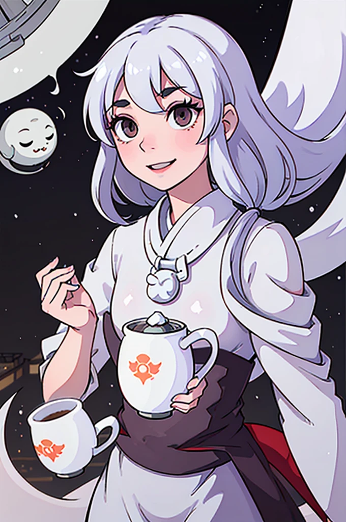 1girl, ghost girl, silver hair, white eyes, white skin, smile, long hair, flies, levitates in the air, white sheet, white cape, ghost, ghostly, translucent, holds a lantern, japanese lantern, holds a cup, tea, glass cup, glass teapot, tea, night, the moon, objects are flying