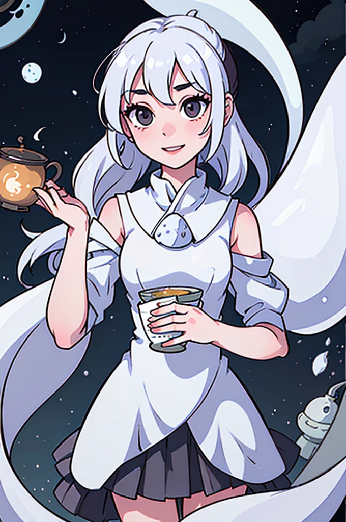 1girl, ghost girl, silver hair, white eyes, white skin, smile, long hair, flies, levitates in the air, white sheet, white cape, ghost, ghostly, translucent, holds a lantern, japanese lantern, holds a cup, tea, glass cup, glass teapot, tea, night, the moon, objects are flying