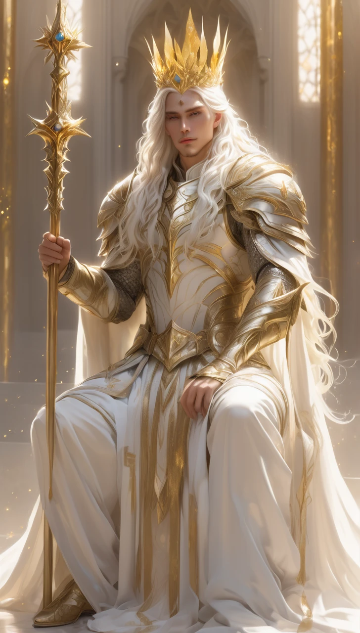 A man with gold crown and magic staff in his hand// white long hair // Sit in altar // full body // Wear armor with combination white and gold  // background is some flying light