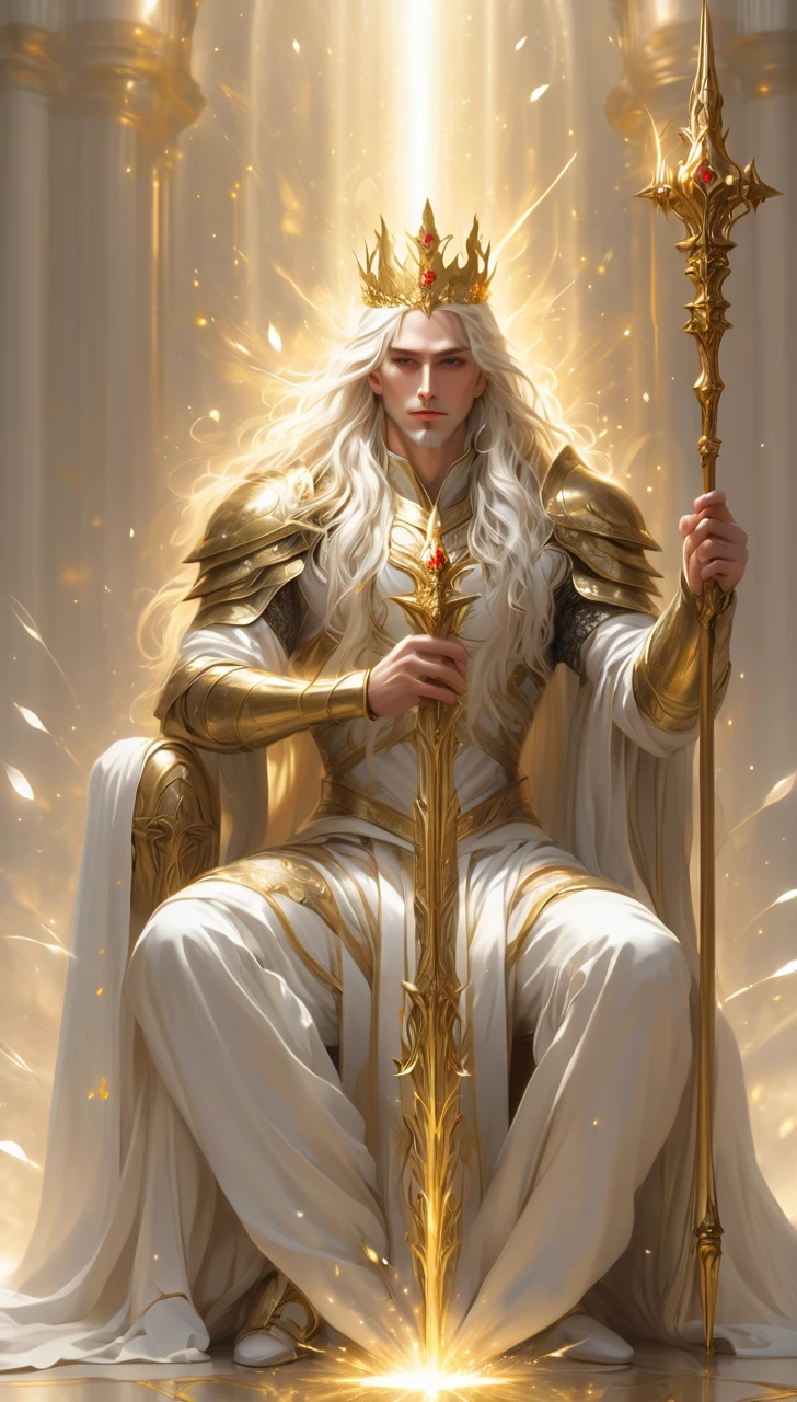 A man with gold crown and magic staff in his hand// white long hair // Sit in altar // full body // Wear armor with combination white and gold  // background is some flying light