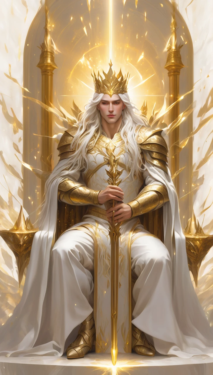 A man with gold crown and magic staff in his hand// white long hair // Sit in altar // full body // Wear armor with combination white and gold  // background is some flying light