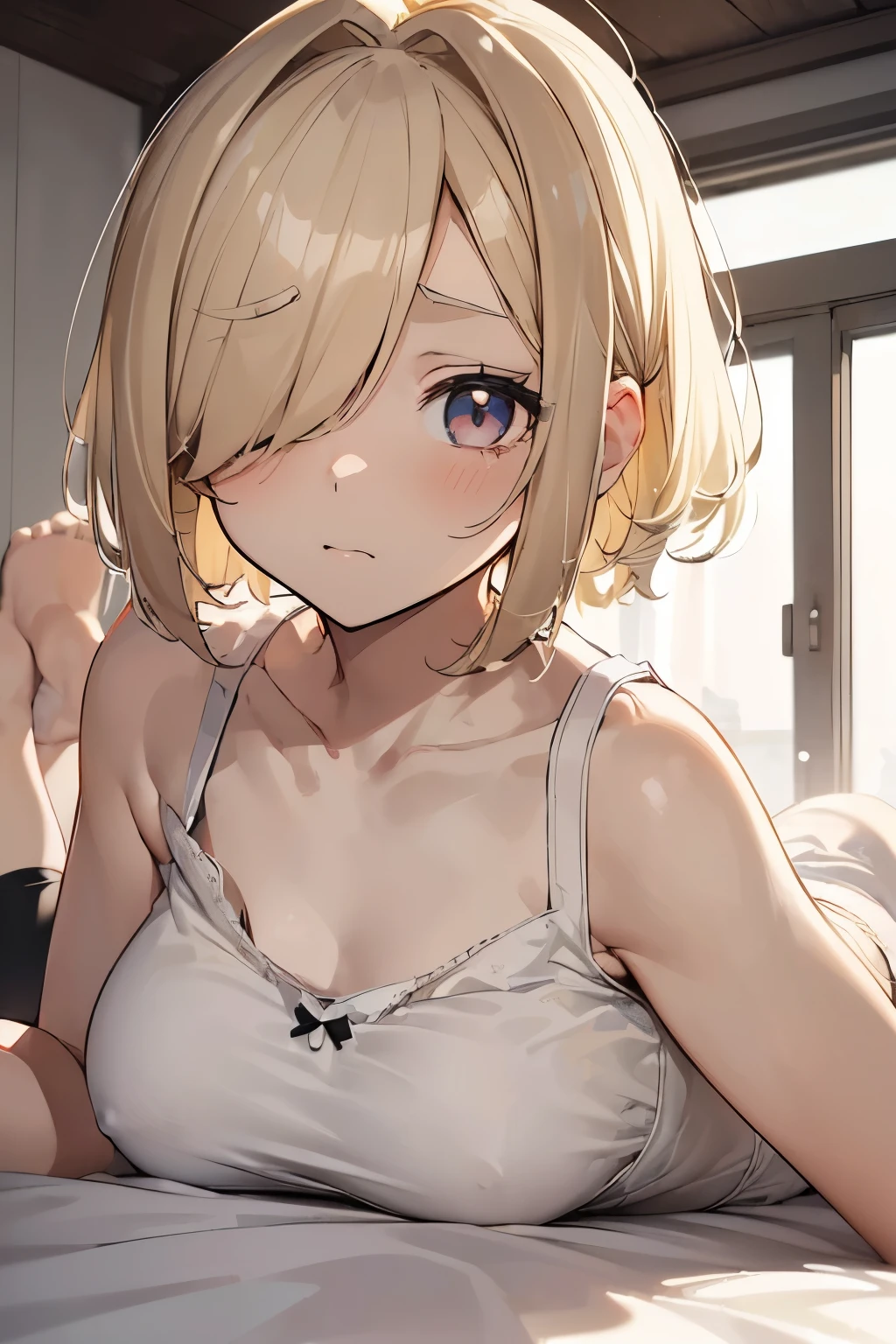 ①morning,(lighting forward:1.9) .
②:Highest quality, Anime Moe Art Style,最高のアニメ8Kこなちゃんの壁紙,pixiv Contest Winner,Perfect Anatomy, Very detailed,High resolution,Very detailed肌, Professional Lighting,8K ,
③:(One Girl:1.5), ,(alone,13 y),high school student, (short hair:1.3), (straight hair:1.6),(normal breasts),(hair over one eye:1.8),(light blonde hair:1.8),Complete limbs,Full Finger, red eyes, hairpin, beautiful detailed eyes, pale skin,one eye closed,sparkling pupils,(sad:1.3)
④:shoot from above,(close up),
⑤:(White camisole:1.9),(black bra:1.5),(black sports shorts:1.5),Front string ⑥:bed,(on stomach:1.5), (lying:1.5)
⑦:(indoor),(Cute Girl's Room:1.4),(bed:1.5)