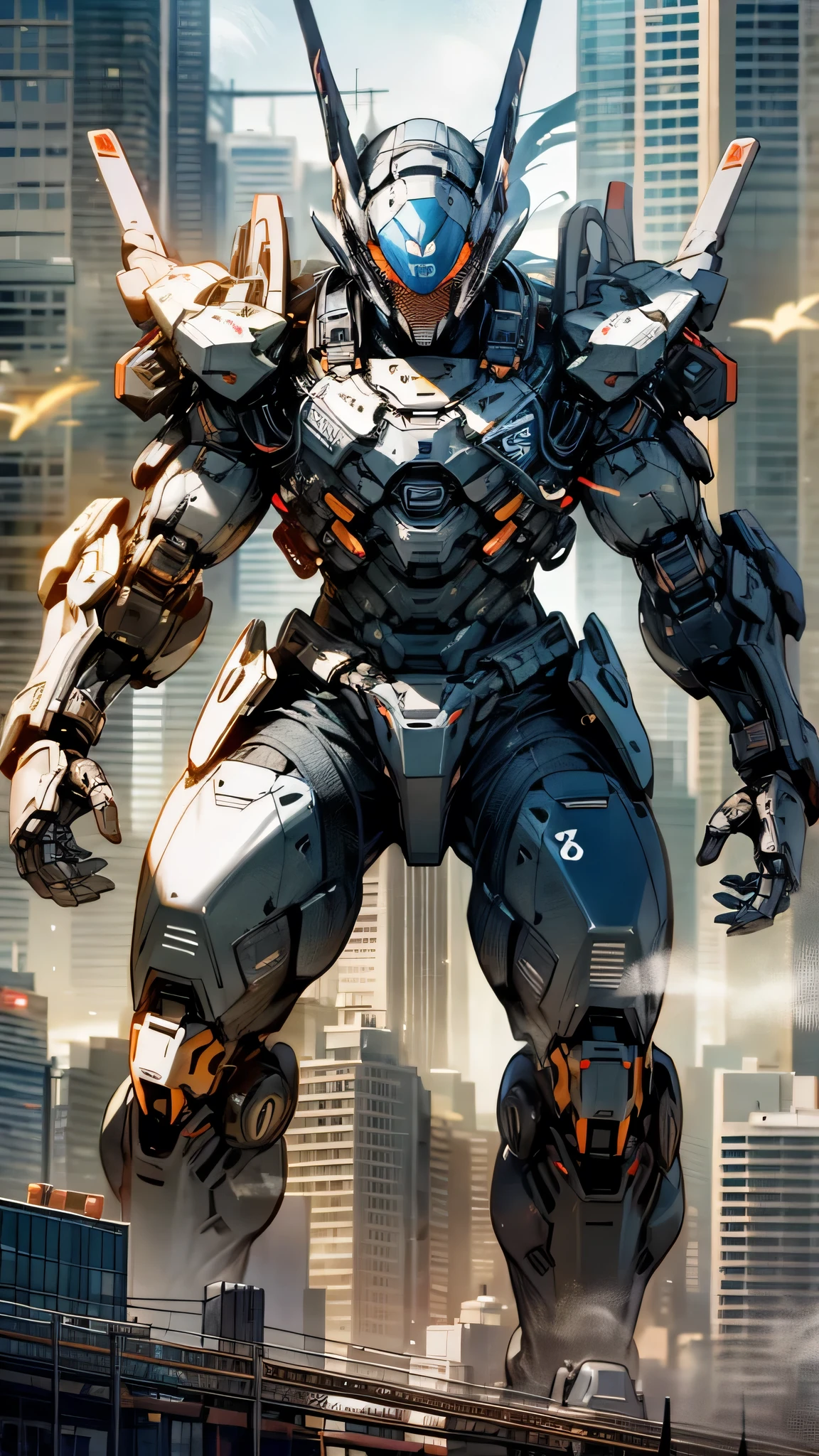 最high quality、Best image quality、masterpiece、Giant Mecha((Humanoid、Black body、Assault rifle、Body Armor))high quality、Beautiful art、background((City)),Tabletop、Exquisite design、Visual Arts、Depth of written boundary、Best lighting、Highest detail、8k