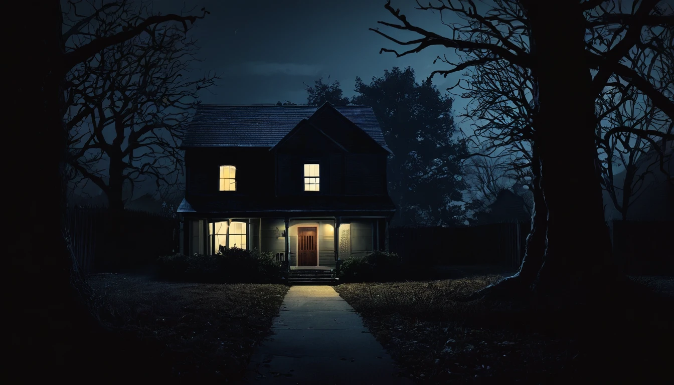 Create a digital artwork for a podcast thumbnail titled 'Home Invasion Horror Stories | Horror Stories Compilation'. The scene should depict a suburban house at night with a front door slightly ajar, casting a dim light from within. A shadowy figure should be subtly visible in the doorway or lurking nearby, creating a sense of suspense. Use a color palette that balances darkness with visibility, ensuring key details like the house and figure are clear. The title text should be bold and striking, contrasting against the background to draw attention to the theme of horror stories