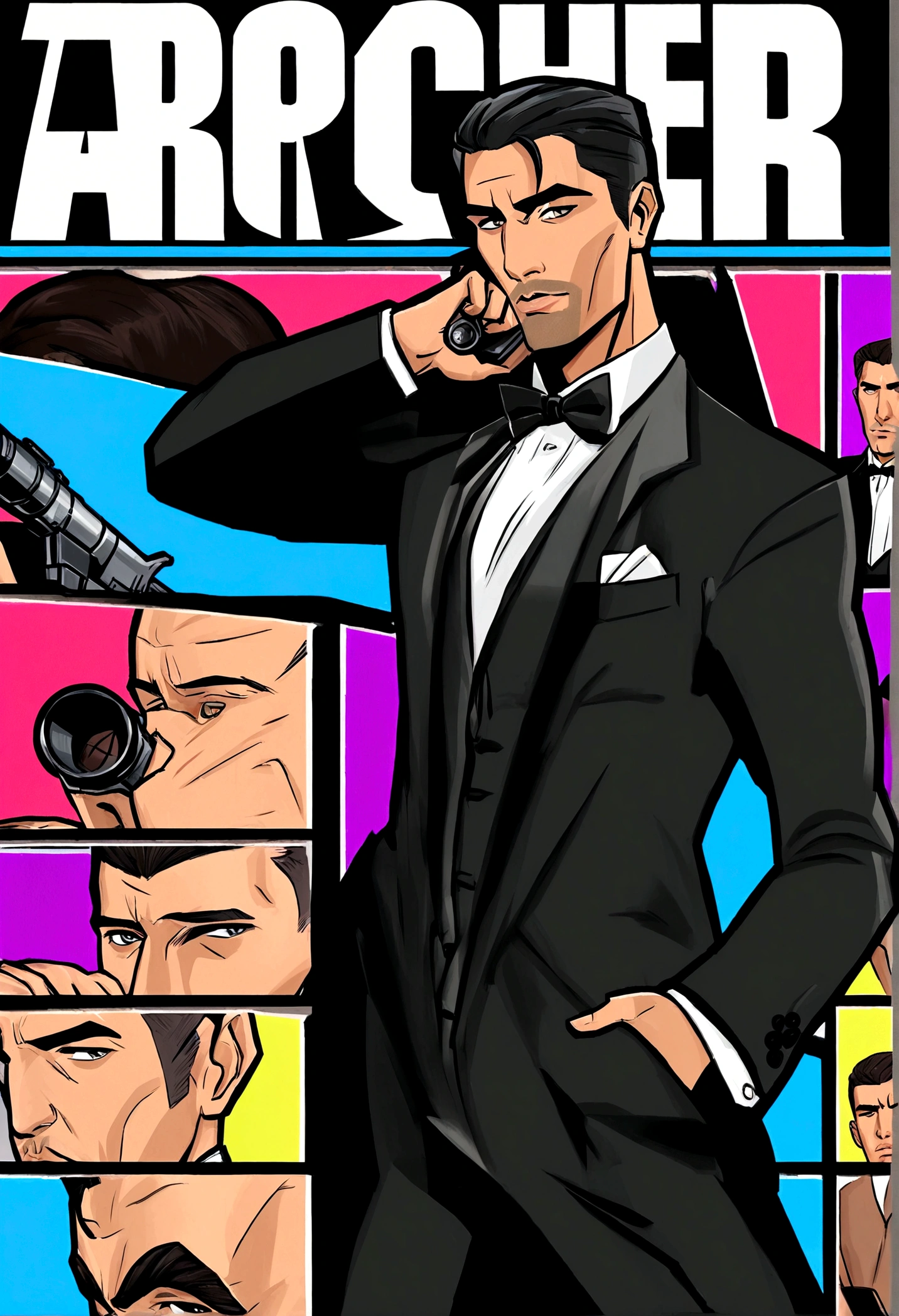 Fox Comedy Character Archer (secret agent in a tuxedo, drunk, brash, handsome, carelessly wielding a pistol), striking an almost dashing pose. 'ARCHER' written in the background
