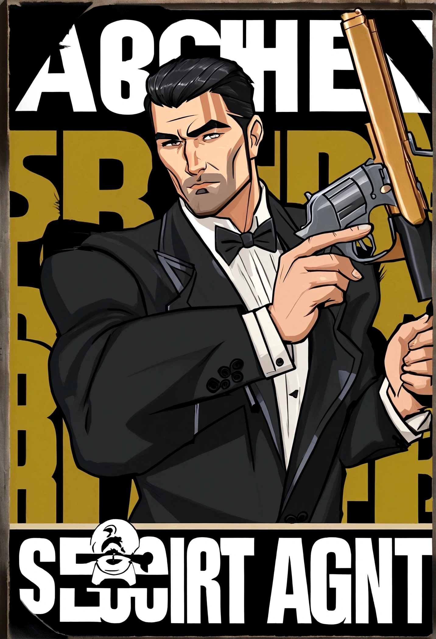 Fox Comedy Character Archer (secret agent in a tuxedo, drunk, brash, handsome, carelessly wielding a pistol), striking an almost dashing pose. 'ARCHER' written in the background
