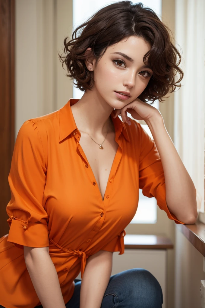 Photo of a brunette with short curly hair wearing an orange blouse