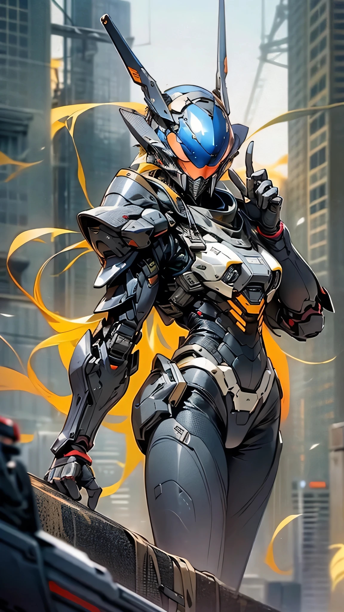 最high quality、Best image quality、masterpiece、Giant Mecha((Humanoid、Black body、Assault rifle、Body Armor))high quality、Beautiful art、background((City)),Tabletop、Exquisite design、Visual Arts、Depth of written boundary、Best lighting、Highest detail、8k
