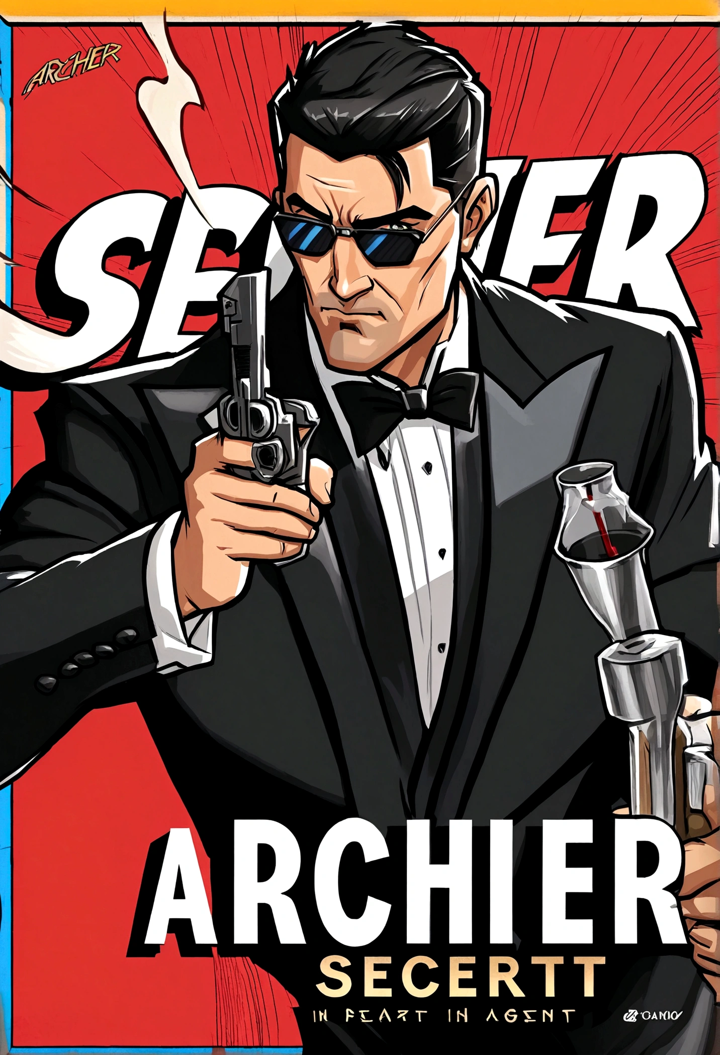 Fox Comedy Character Archer (secret agent in a tuxedo, drunk, brash, handsome, carelessly wielding a pistol), striking an almost dashing pose. 'ARCHER' written in the background