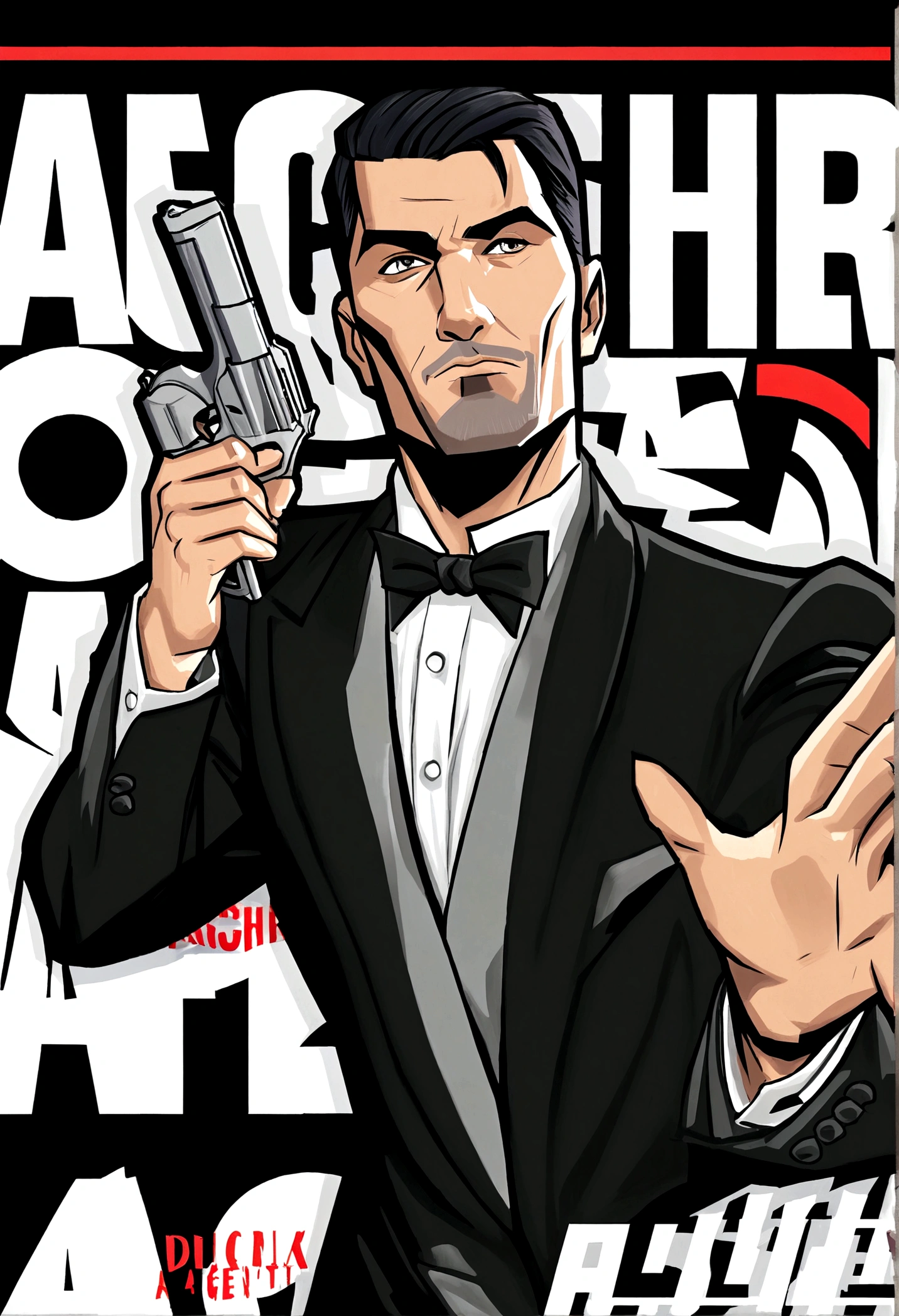Fox Comedy Character Archer (secret agent in a tuxedo, drunk, brash, handsome, carelessly wielding a pistol), striking an almost dashing pose. 'ARCHER' written in the background