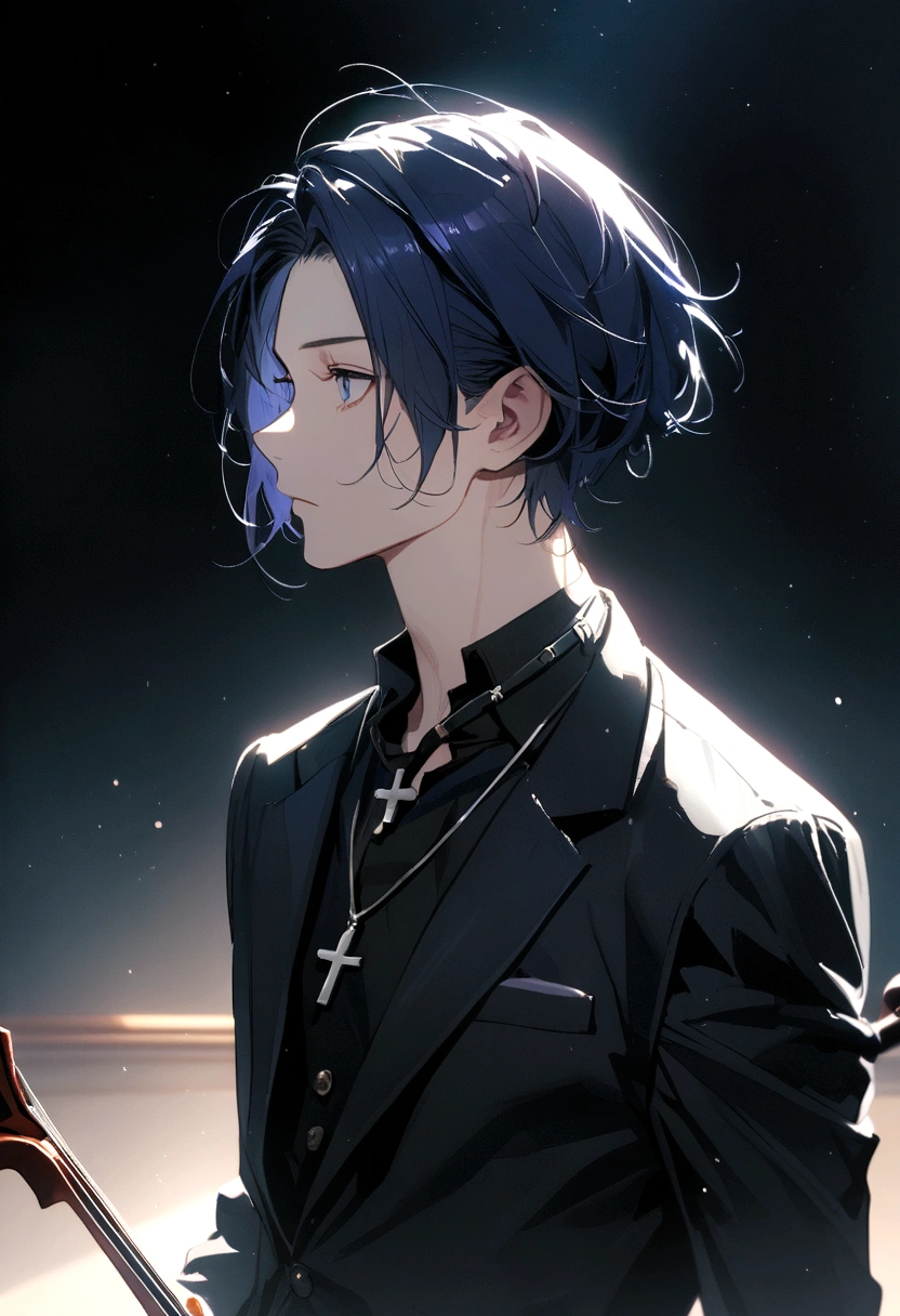 Dark blue hair boy, dark blue eyes, cross ornament in neck, loocking cool, black uniform with blazer, plain expression, violin behind back