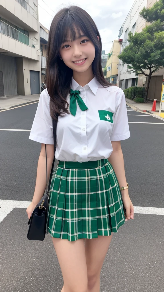 Japanese、18-year-old high school girl、White shirt、Black and green block check mini skirt、whole body、smile