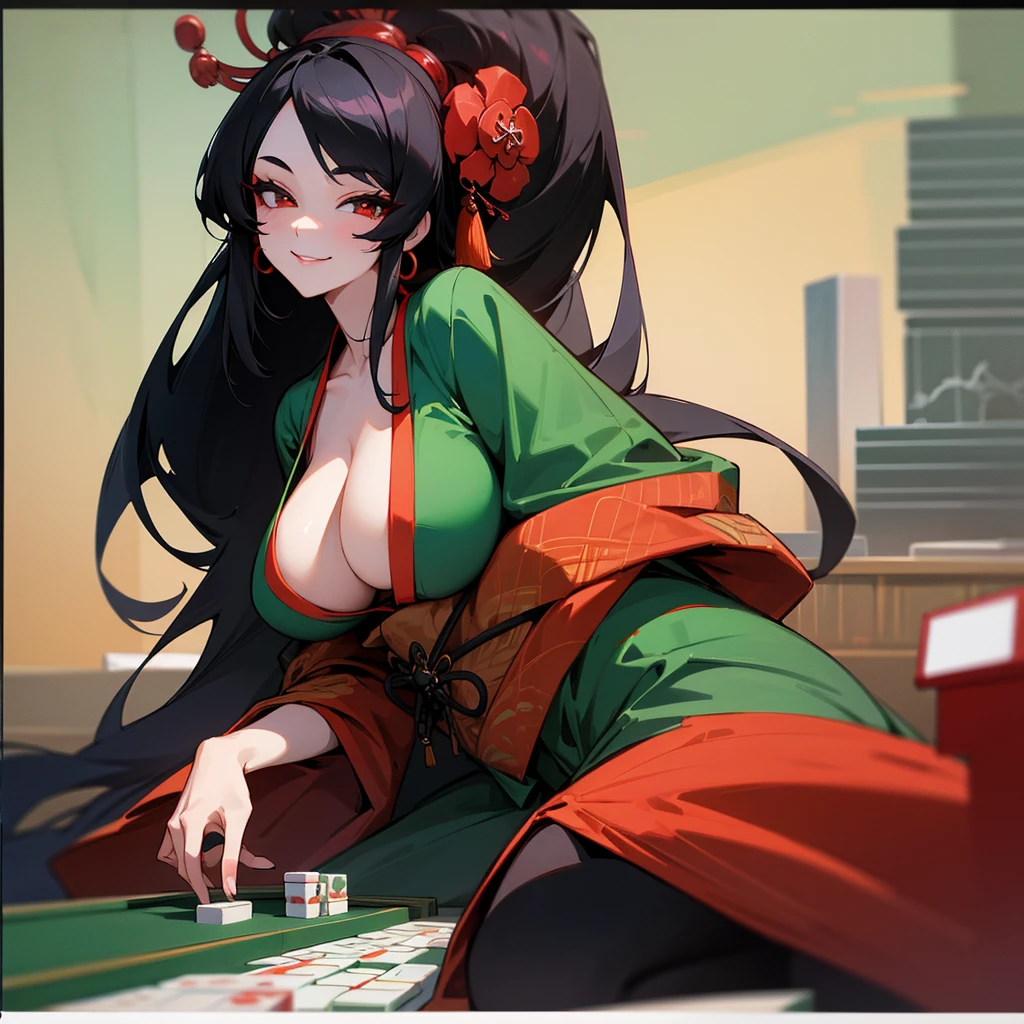 1girl, long black hair, beautiful face, huge breasts, slender figure, playing mahjong, mahjong table in background, looking at viewer, smile, highres, highly detailed, 8k, wearing green kimono, oiran style