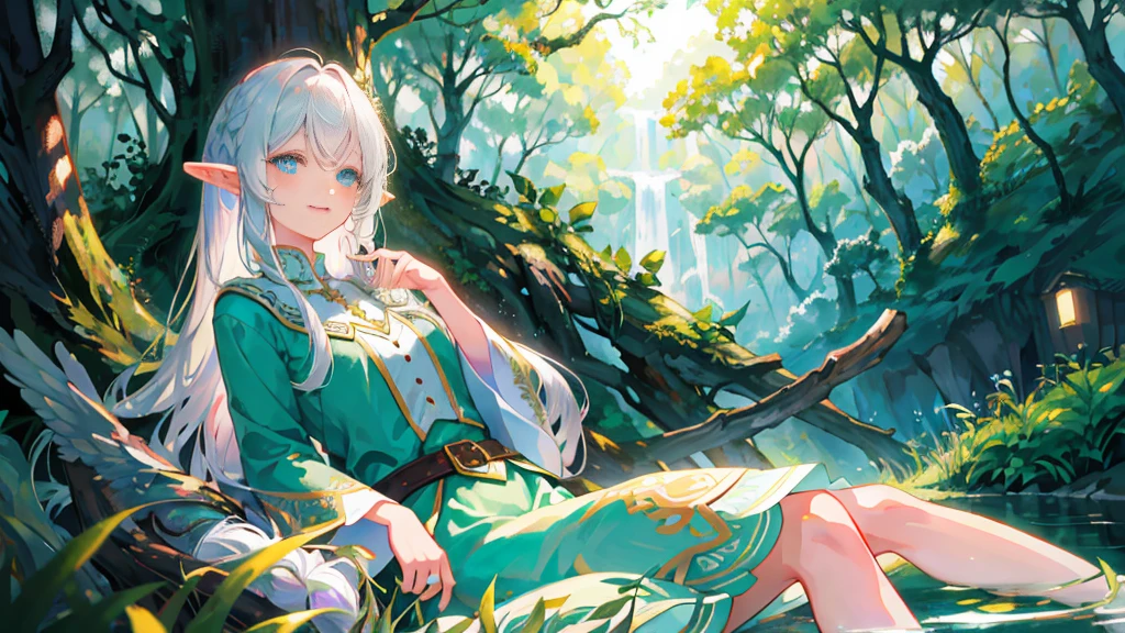 Under the protective cover of a majestic old oak tree, a young elf girl sleeps peacefully. Her silver hair spreads like a sparkling stream across the carpet of green moss, framing her delicate face. She is dressed in a light silk dress, emerald green in color, dotted with floral patterns that seem to dance in the light of the stars. Her pointy ears protrude gracefully from her hair, testifying to her elven heritage. A serene smile floats on her pink lips, while her thin eyelids hide deep blue eyes. All around her, the forest is plunged into an enchanting silence, disturbed only by the gentle murmur of the wind and the distant song of an owl. The fireflies float gently around his sleeping body, creating a magical, ethereal aura, as if time itself had decided to slow down to preserve this moment of pure tranquility.