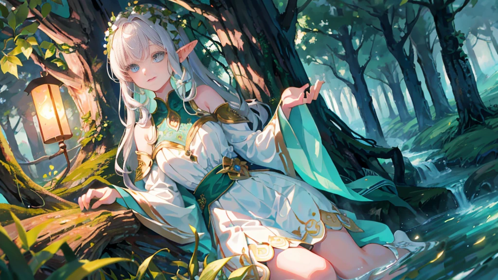 Under the protective cover of a majestic old oak tree, a young elf girl sleeps peacefully. Her silver hair spreads like a sparkling stream across the carpet of green moss, framing her delicate face. She is dressed in a light silk dress, emerald green in color, dotted with floral patterns that seem to dance in the light of the stars. Her pointy ears protrude gracefully from her hair, testifying to her elven heritage. A serene smile floats on her pink lips, while her thin eyelids hide deep blue eyes. All around her, the forest is plunged into an enchanting silence, disturbed only by the gentle murmur of the wind and the distant song of an owl. The fireflies float gently around his sleeping body, creating a magical, ethereal aura, as if time itself had decided to slow down to preserve this moment of pure tranquility.