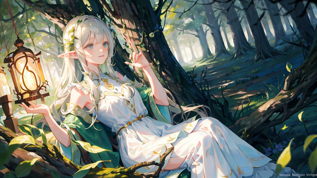 Under the protective cover of a majestic old oak tree, a young elf girl sleeps peacefully. Her silver hair spreads like a sparkling stream across the carpet of green moss, framing her delicate face. She is dressed in a light silk dress, emerald green in color, dotted with floral patterns that seem to dance in the light of the stars. Her pointy ears protrude gracefully from her hair, testifying to her elven heritage. A serene smile floats on her pink lips, while her thin eyelids hide deep blue eyes. All around her, the forest is plunged into an enchanting silence, disturbed only by the gentle murmur of the wind and the distant song of an owl. The fireflies float gently around his sleeping body, creating a magical, ethereal aura, as if time itself had decided to slow down to preserve this moment of pure tranquility.