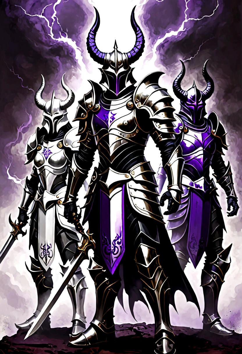 Three warriors in full armor, but in a demonic style. Each armor is a different color: black, white, and purple.